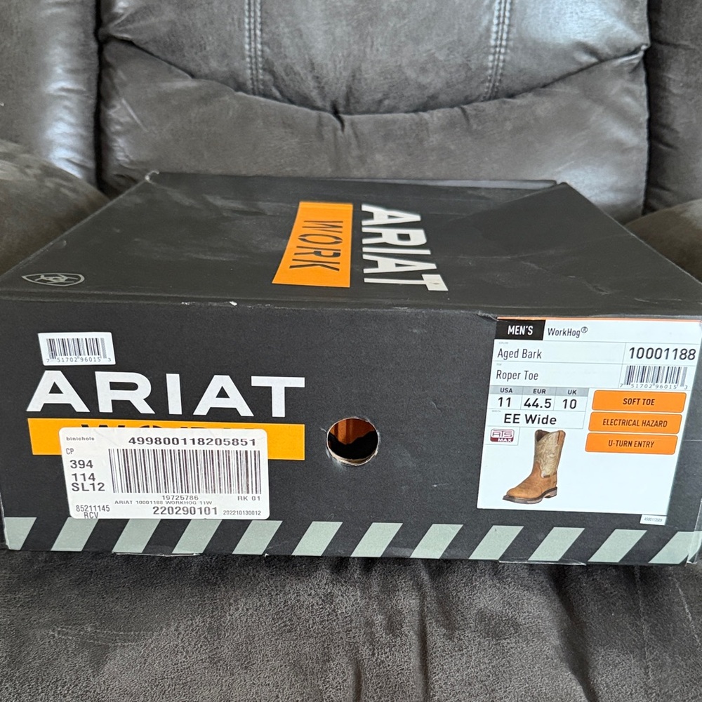 Ariat Black Work Boot Shoe Box with Orange Logo Accents